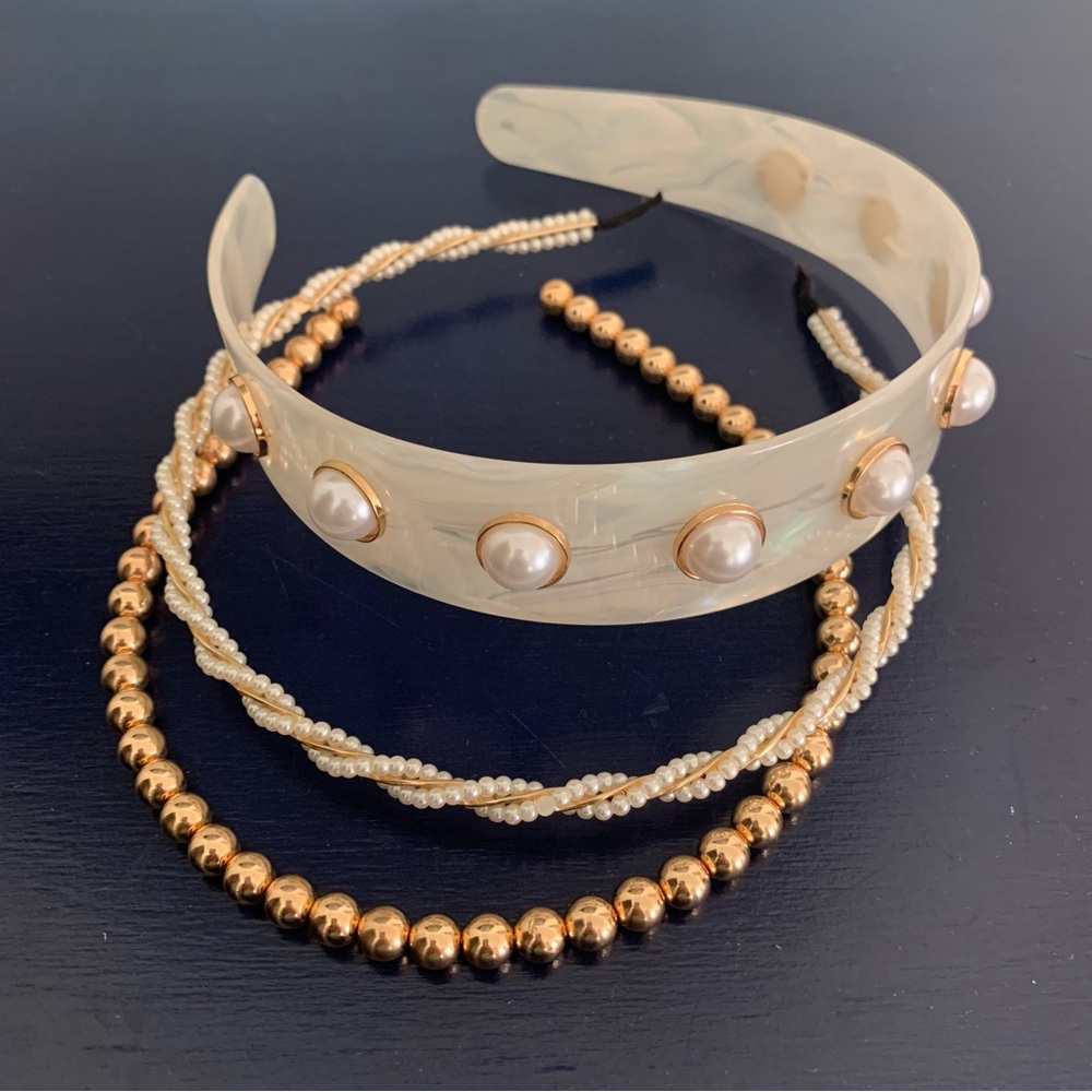Set of 3 Headbands Gold, Pearl, Cream colored